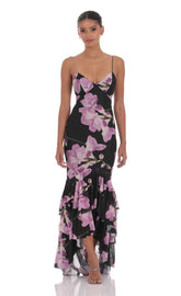 Mesh Floral Ruffle Fishtail Maxi Dress in Black