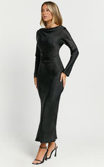 Arriana Midi Dress - Long Sleeve Cowl Back Satin Dress in Black
