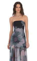 Floral Mesh Strapless Maxi Dress in Navy