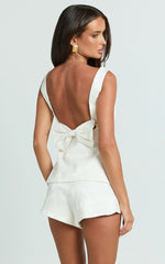 Jacobs Two Piece Set - Square Neck Bow Top and High Waist Mini Short Set in White