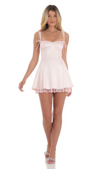 Double Bows Satin Ruffle Dress in Pink