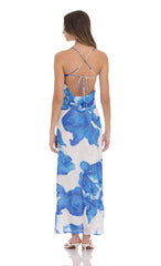 Floral Open Back Maxi Dress in White & Blue