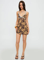 Mishie Halter Mini Dress Brown / Blue Floral