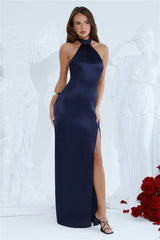 Effortless Luxe Halter Satin Maxi Dress Navy