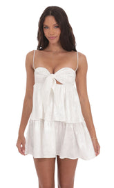 Jacquard Front Tie Ruffle Dress in White