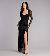 Irene Flocked Ruffle Slit Formal Dress