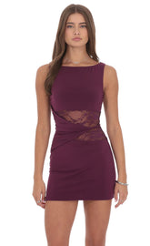 Lace Cutout Bodycon Dress in Plum