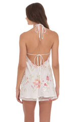 Floral Sequin Halter Shift Dress in White
