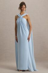 Ariana | Powder Blue Cross-Neck Maxi Dress With Cape