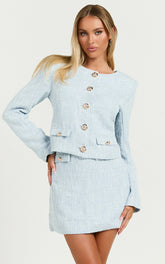 Olympia Jacket - Boucle Scoop Neck Button Down Long Sleeve Jacket in Pale Blue