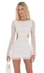 Floral Crochet Long Sleeve Dress in White