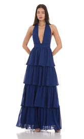 Chiffon Plunge Ruffle Dress in Blue