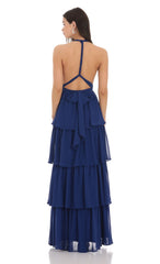 Chiffon Plunge Ruffle Dress in Blue