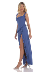 Chiffon Ruffle Dress in Slate Blue