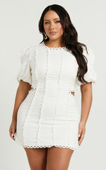 Laila Mini Linen Blend Dress - High Neck Side Cut Out Puff Sleeve Straight Dress in Off White