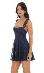 Lace Sequin Fit and Flare Dress in Navy