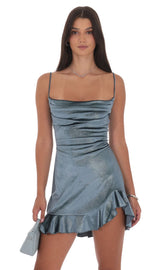 Foil Velvet Ruffled Slit Dress in Blue