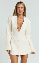 Ninette Mini Dress - V Neck Tulip Hem Blazer Dress in Cream