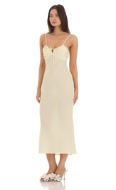 Lace Trim Front Tie Midi Dress in Yellow