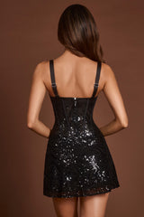 Embellished Peekaboo Corset A-Line Mini Dress in Black Zebra