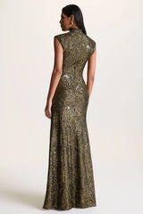 Cecy | Khaki Sequin High-Neck Maxi Dress With Cap Sleeves