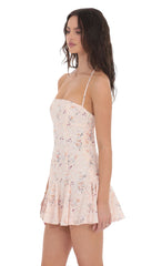 Floral Eyelet Halter Flare Dress in Pastel Pink