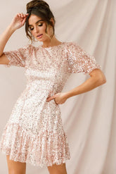 Shine On Sequin Overlay Puff Sleeve Dress Gold