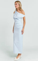 Alexandria Midi Dress - Tip Shoulder Draped Fitted Dress in Blue