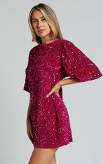 Valetta Mini Dress - Sequin low back shift dress in Hot Pink
