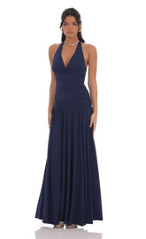 Halter Drop Waist Maxi Dress in Navy