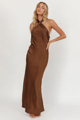 Italia Azure Crossover Halterneck Maxi Dress Chocolate