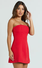 Catharine Mini Dress - Strapless A Line Dress in Red