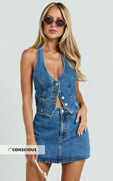 Walton Skort - Mid Waisted Recycled Denim Skort in Dark Blue Wash