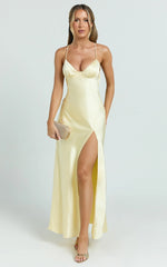 Heidi Maxi Dress - Satin Ruched Bust Tie Back Dress in Lemon
