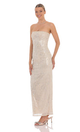 Fringe Sequin Strapless Maxi Dress in Champagne