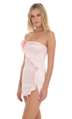 Flower Satin Ruffle Slit Dress in Pink