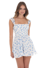 Chiffon Floral Cap Sleeve Dress in White