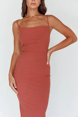 Frieda Cowl Neck Side Split Ribbed Midi Dress Rust