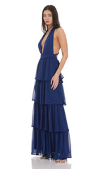 Chiffon Plunge Ruffle Dress in Blue