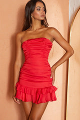Annabella Strapless Tied Back Frill Hem Mini Dress Red