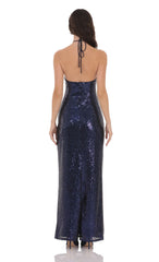 Sequin Florette Halter Maxi Dress in Navy