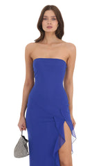 Strapless Mesh Ruffle Slit Dress in Royal Blue