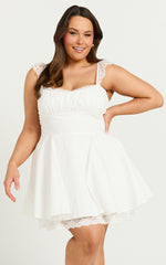 Adalee Mini Dress - Sleeveless Ruched Bodice Lace Trim Dress in Off White