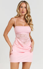 Rania Mini Dress Square Neck Cowl Waist Lace Dress in Pink
