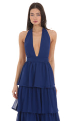 Chiffon Plunge Ruffle Dress in Blue