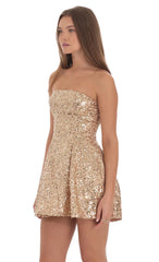 Sequin Strapless Fit and Flare Dress in Gold