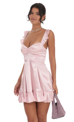 Satin Ruffle Fit and Flare Dress in Pink