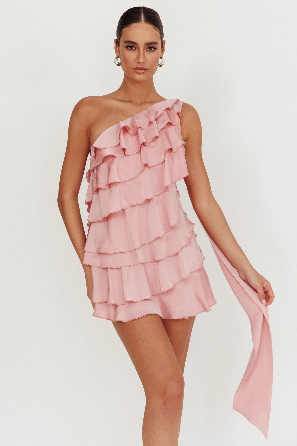Arrabel Tiered Ruffle One Shoulder Mini Dress Pink