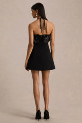Tempest | Black Halter-Neck Mini Dress With Hand-Embellished Panel