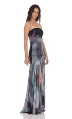 Floral Mesh Strapless Maxi Dress in Navy